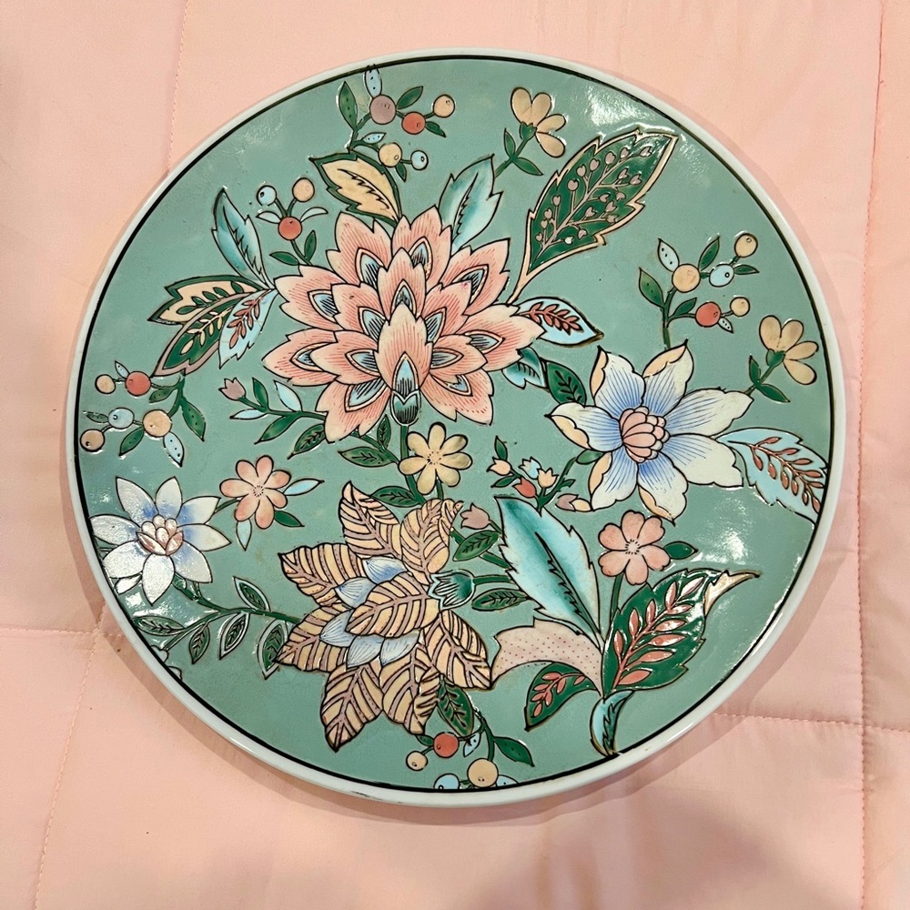 Vintage Macau Porcelain Decorative Plate Floral Hand Painted Blossom Pink 13”